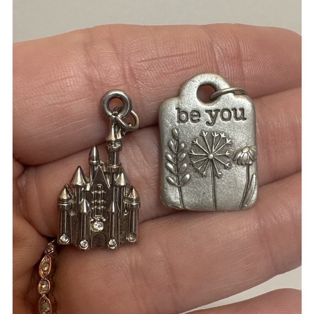 Be You Inspirational Tag Charm + Disney Castle Pendant Silver Tone Lot